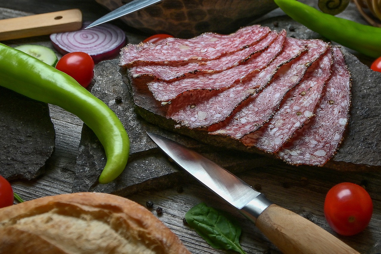 appetizer, salami, charcuterie, meat, tomatoes, peppers, food, cold cuts, fresh, meal, nutrition, bread, eat, knife, still life, gourmet, food photography-5618093.jpg